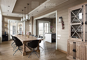Фото столовой и кухни в деревянном доме