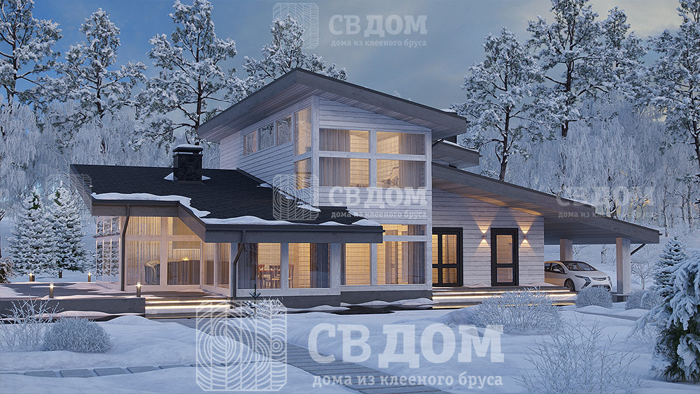 «СВДОМ №143» Дом из клееного бруса в вечернем зимнем лесу