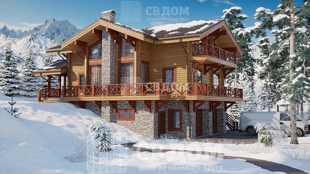 «СВДОМ №145» Трехэтажный дом из клееного бруса в зимнем лесу